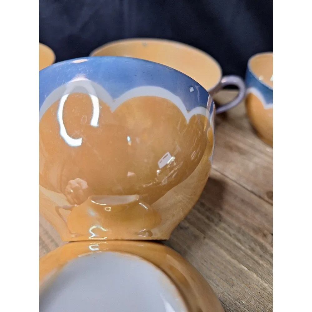 Vintage Japanese Lusterware Teacups Set of 5 Peach‎ Blue Iridescent Art Deco